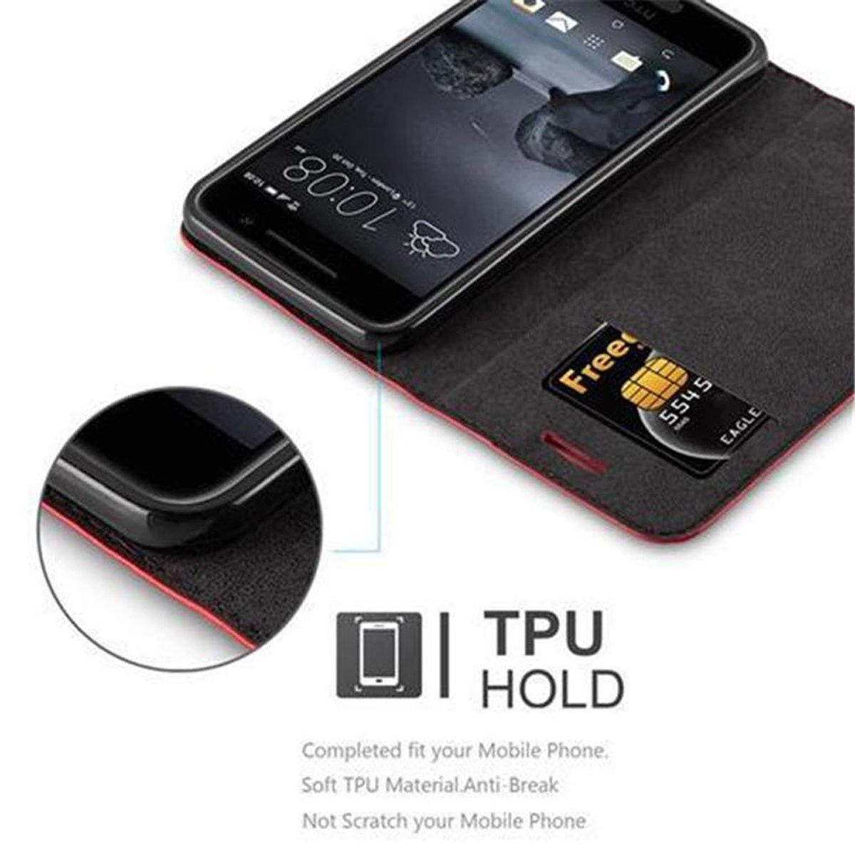 Un telefono nero in una custodia a portafoglio con una SIM card. Lo schermo mostra un'interfaccia.