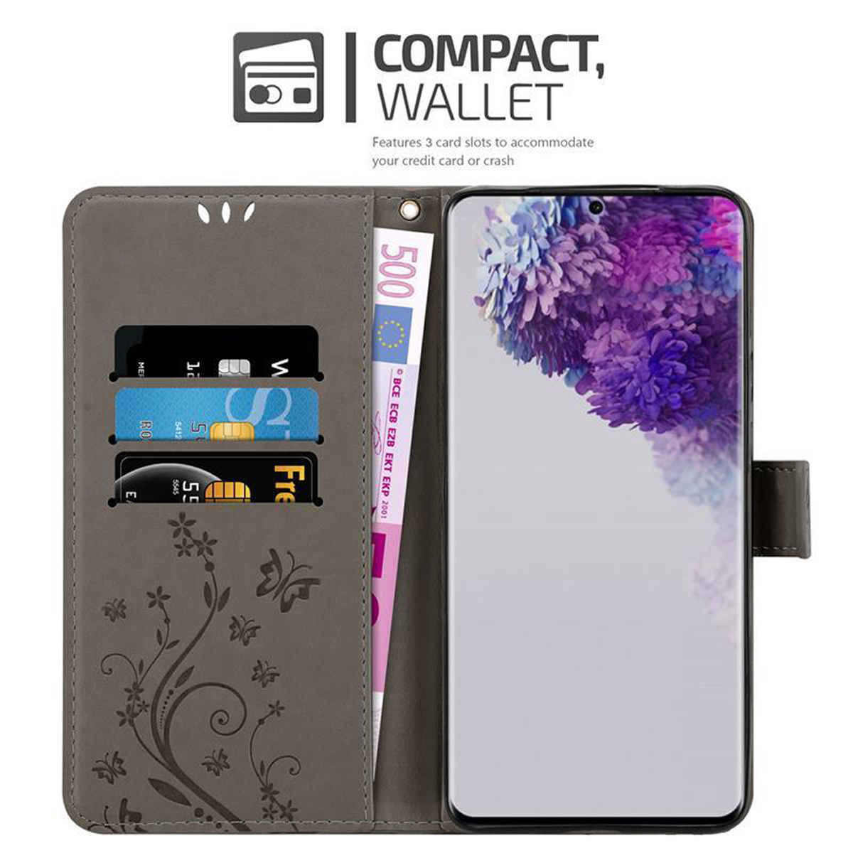 Geöffnete Handyhülle mit Telefon, Karten und einem 500-Euro-Schein. Braune Hülle mit floralem Design.