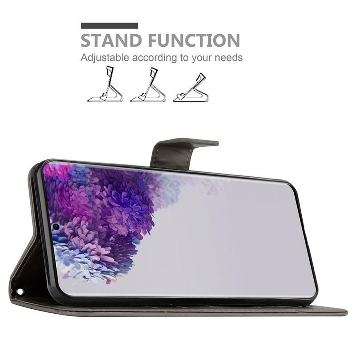 Telefon in einer Standhülle. Bildschirm zeigt lila Farbe. Text: Standfunktion, Einstellbar nach Ihren Bedürfnissen.