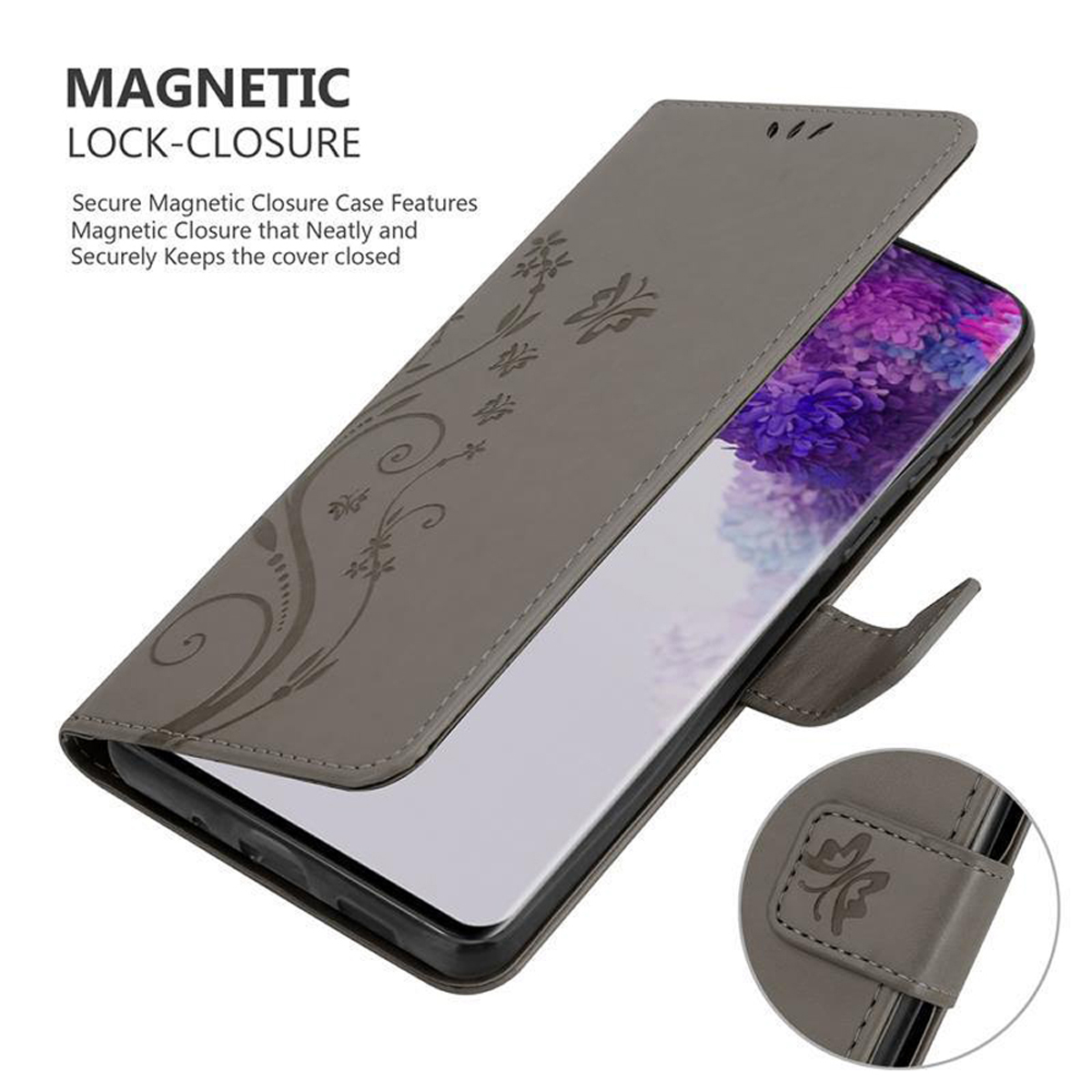 Graue Handyhülle offen, mit Telefon. Text: MAGNETVERSCHLUSS.