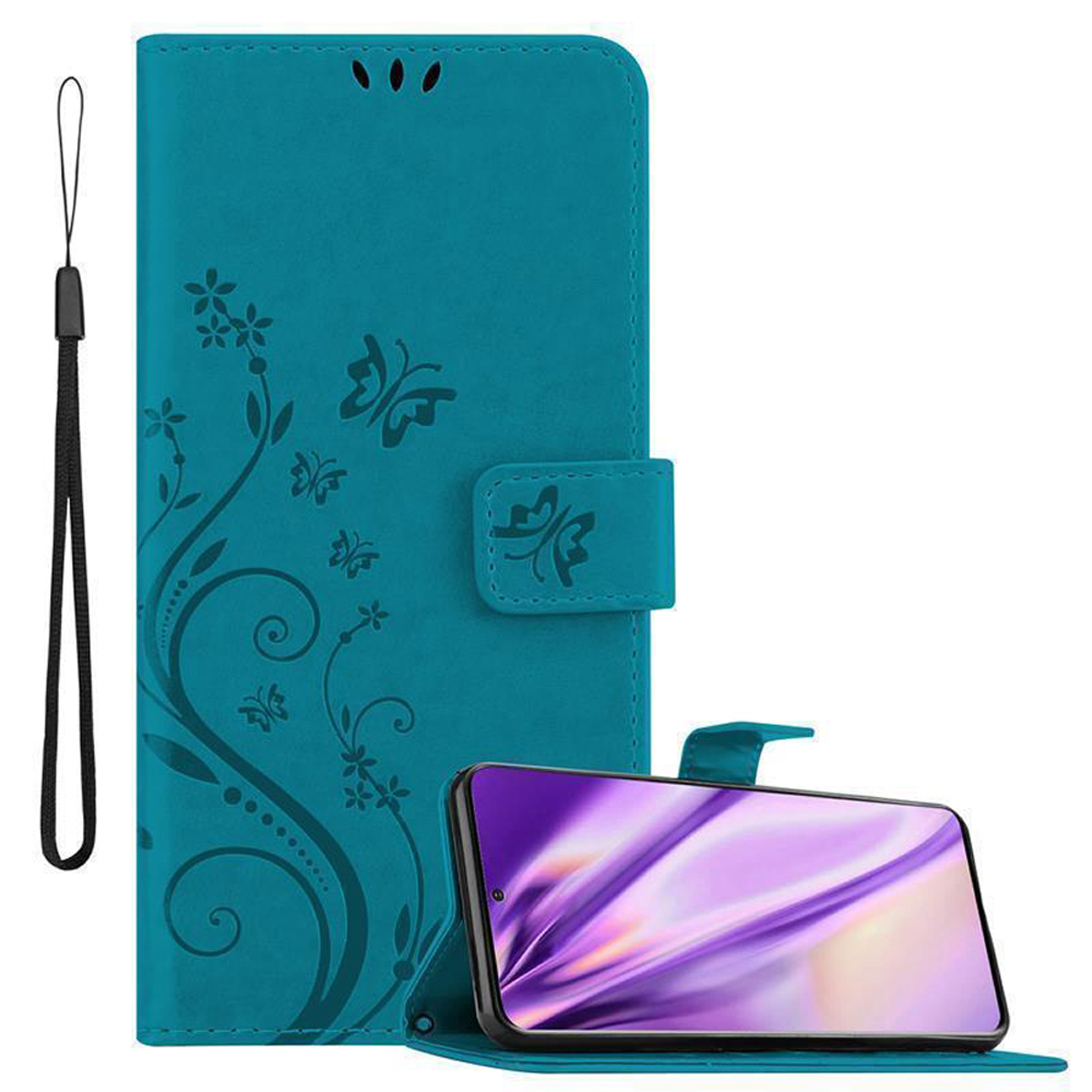 Türkisfarbene Handyhülle mit floralem Design und einem Telefon darin. Ein Riemen ist befestigt.