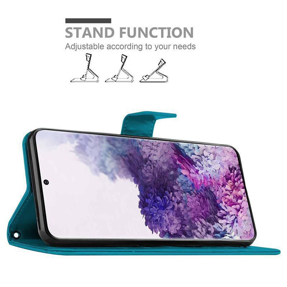 Telefon in grünem Etui, zum Aufstellen geöffnet. Der Bildschirm zeigt abstrakte Kunst. Standfunktionssymbole sind vorhanden.