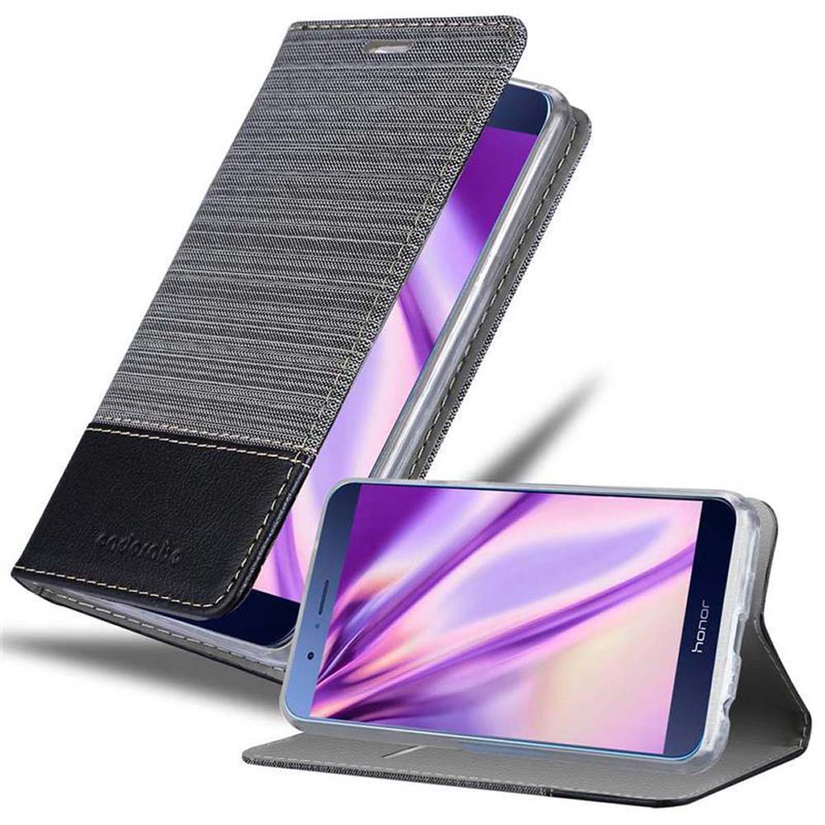 Custodia grigio e nera con telefono all'interno. Il telefono è in modalità orizzontale, custodia semiaperta.