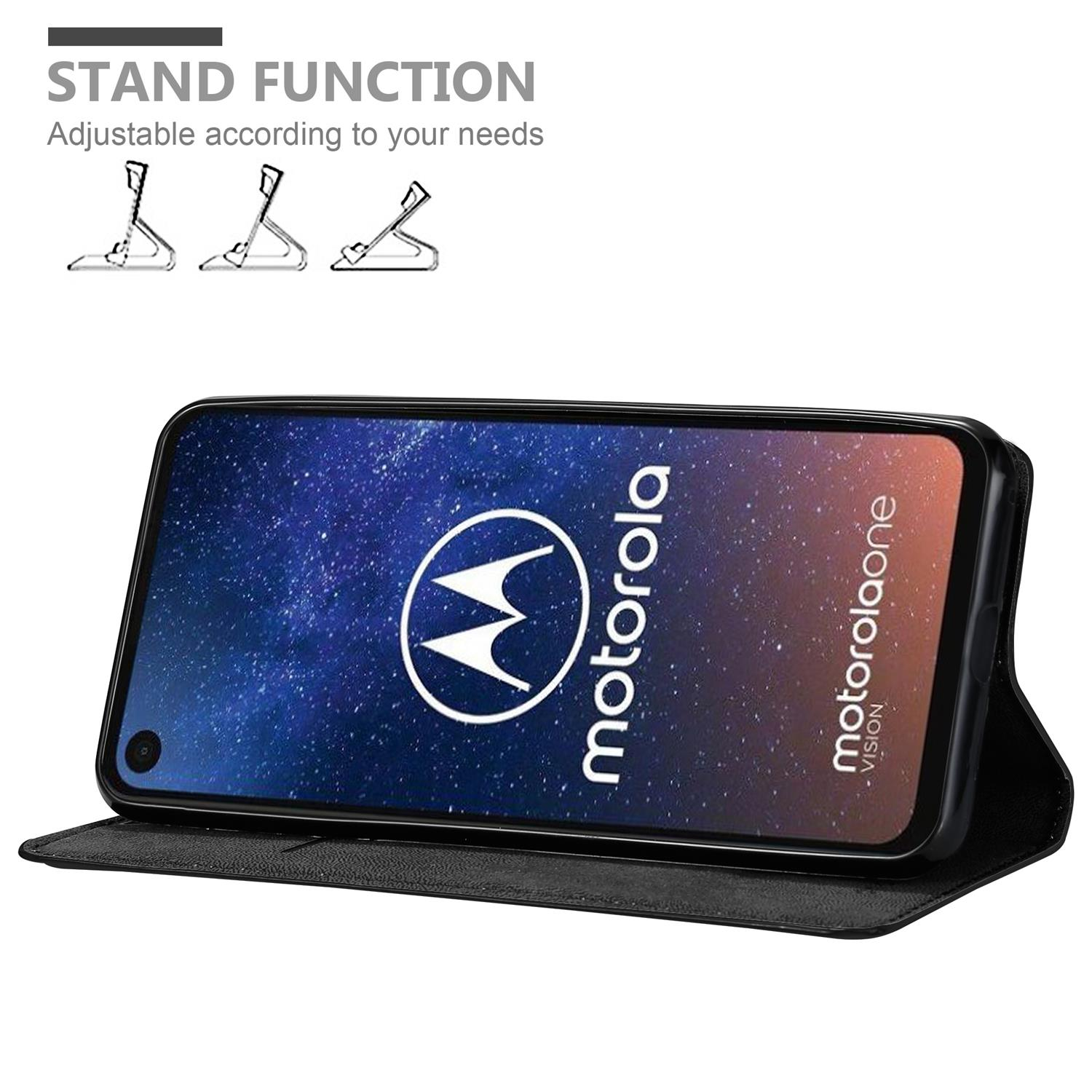 Schwarze Handyhülle auf Ständer, zeigt ein Telefon mit Motorola-Logo. Text: Standfunktion.