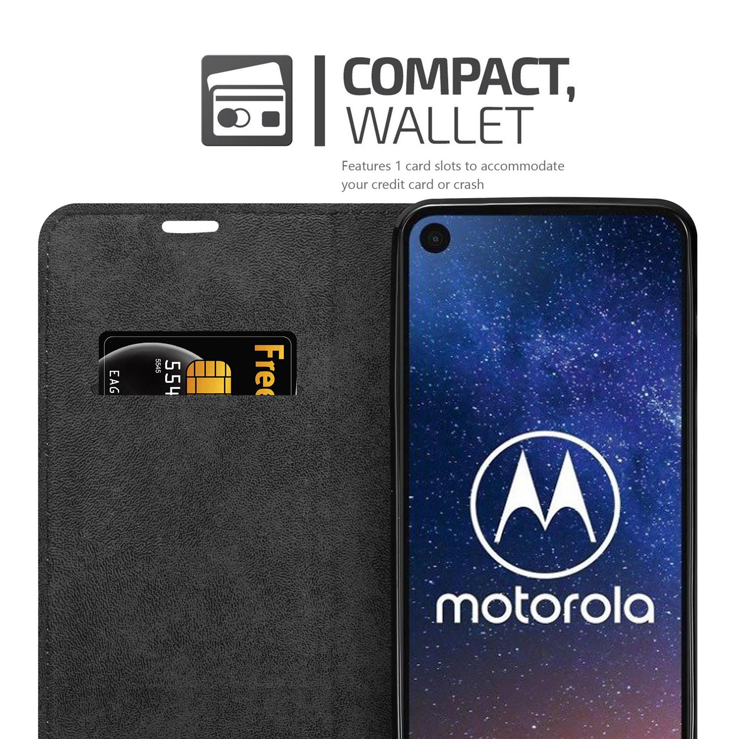 Schwarze Handyhülle, offen, mit Karte und Telefon.
