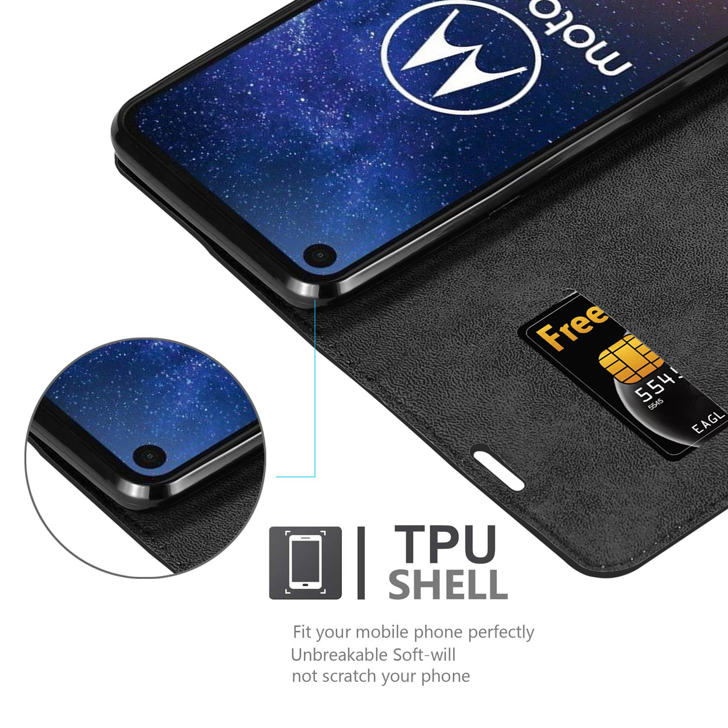 Ein Telefon mit einer Hülle mit Kartenfach und einer TPU-Schale, die mit einem Logo versehen ist.