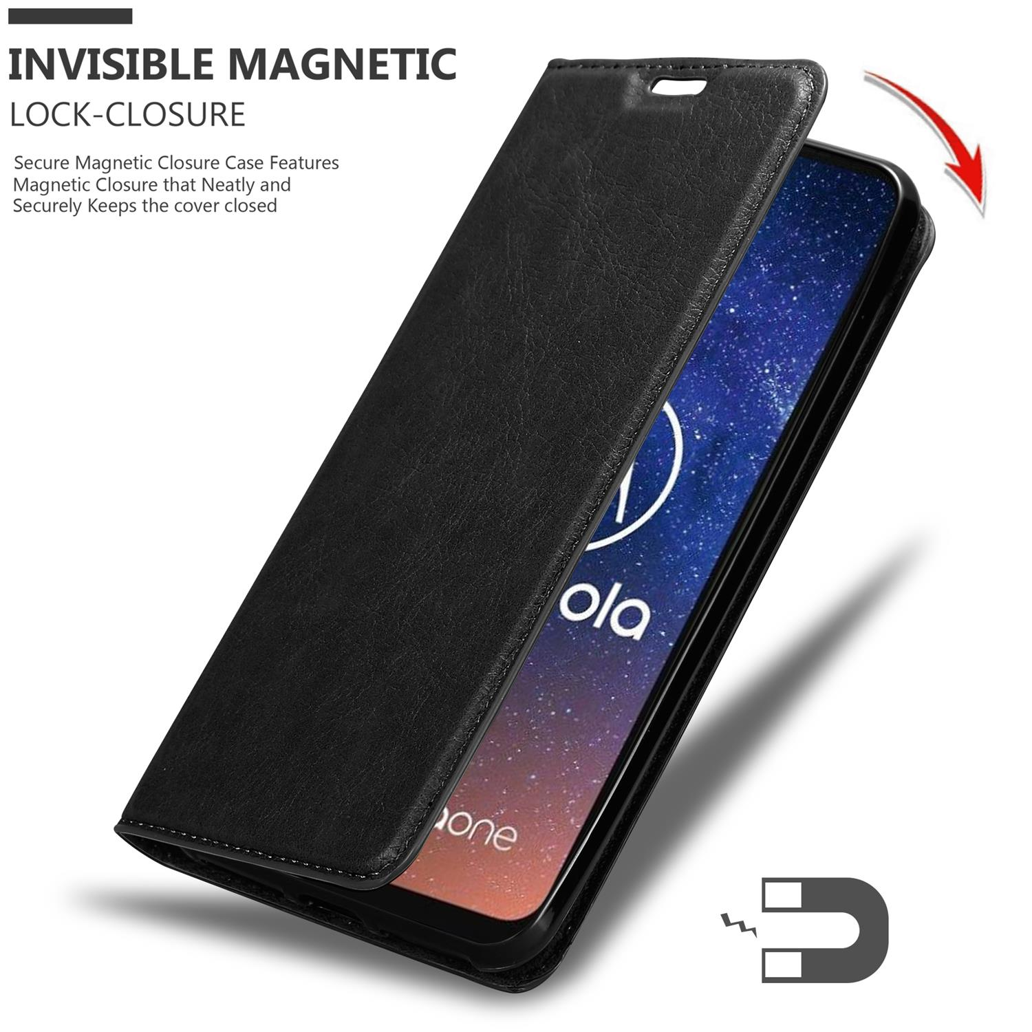 Schwarze Handyhülle mit unsichtbarem Magnetverschluss. Telefonbildschirm sichtbar. Ein Magnet wird gezeigt.