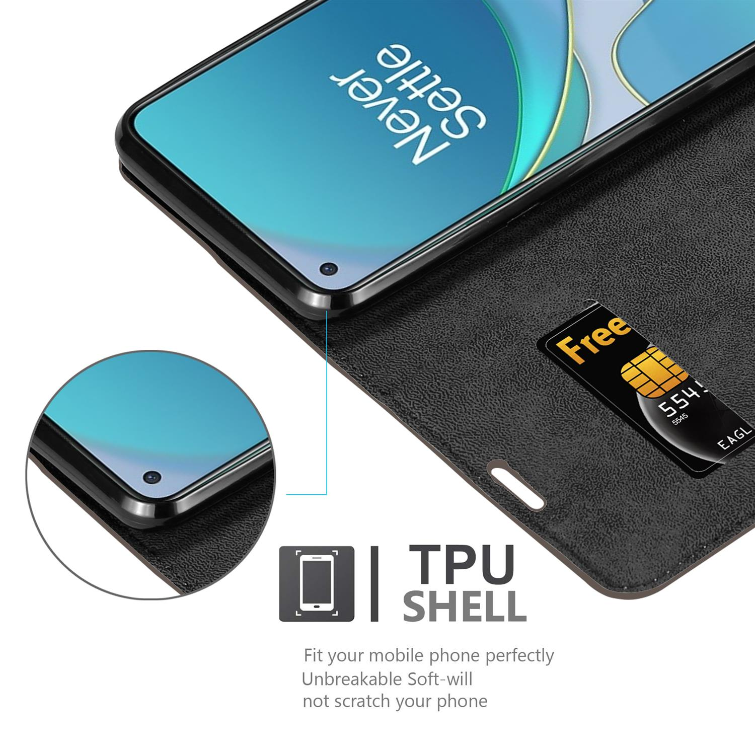 Custodia per telefono nera con telefono all'interno, testo 'Never Settle'. C'è anche una SIM gratuita nella custodia.