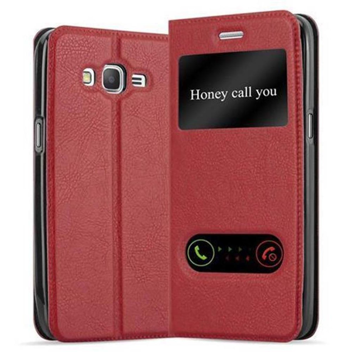 Funda roja para teléfono con pantalla de llamada. La funda está abierta. El texto en la pantalla dice 'Honey call you'.