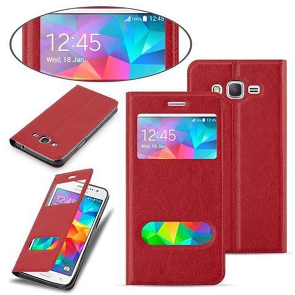 Funda roja, diferentes ángulos. Teléfono dentro, ventana y cubierta cerrada.