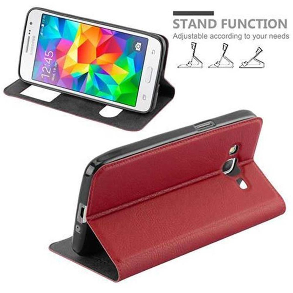 Teléfono en funda de cuero rojo, abierto para mostrar su pantalla. Texto indica función de soporte.