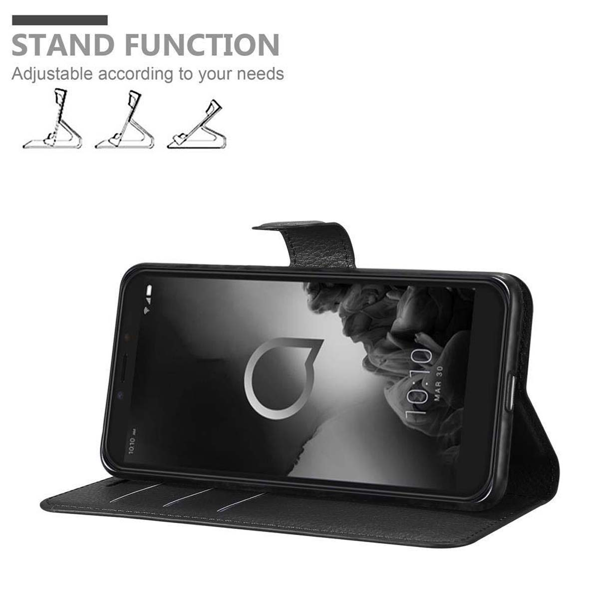 Telefon in einer Standhülle, zeigt den Telefonbildschirm.