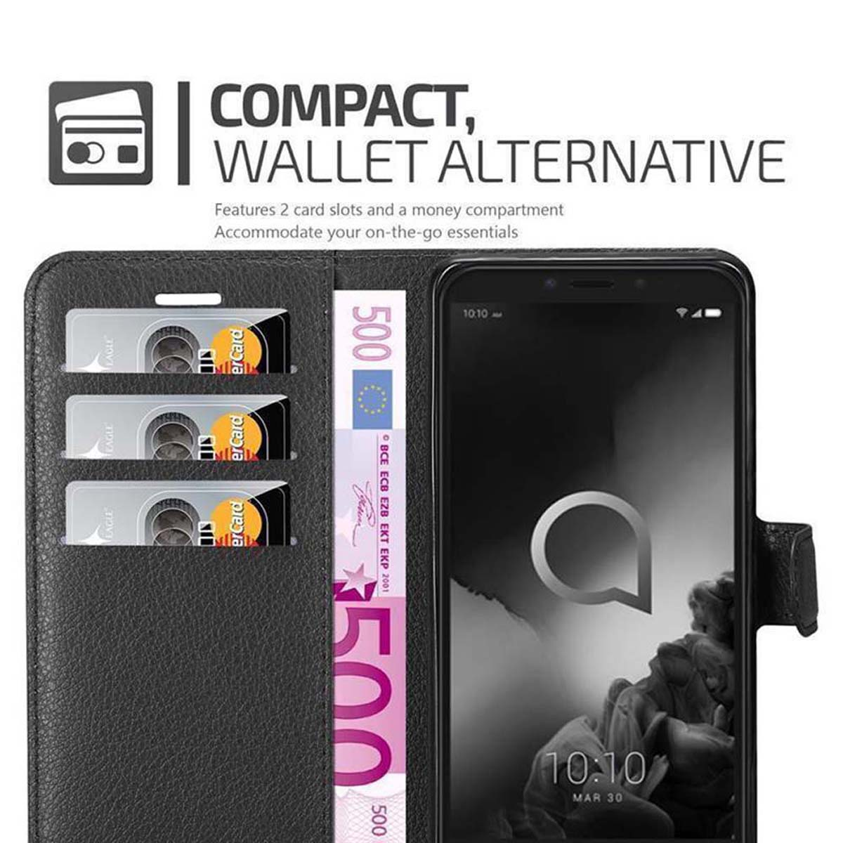 Schwarze Brieftaschen-Handyhülle offen, Kreditkarten und Geld zeigend. Telefon zeigt Bild. Hintergrund weiß.