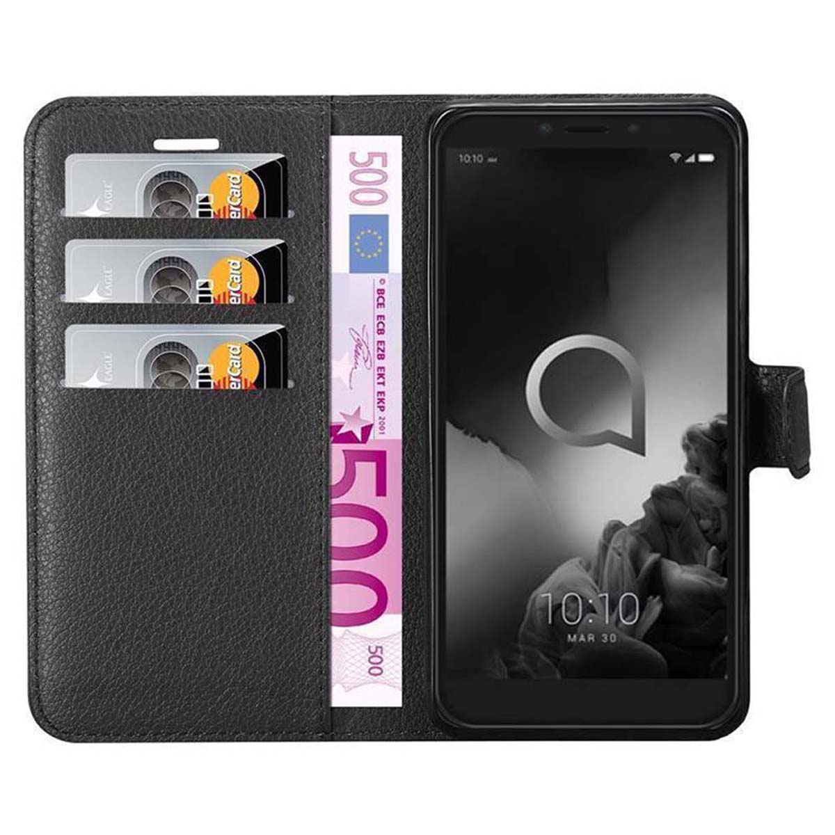 Schwarze Handyhülle offen mit Karten, Telefon und Geld. Schwarze Leder-Geldbörse mit Telefon.