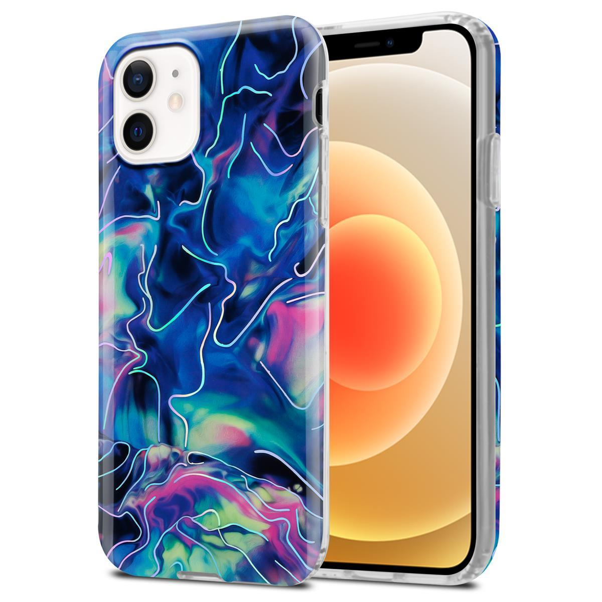 Un telefono in una custodia blu con motivo astratto. Il telefono è su sfondo bianco.