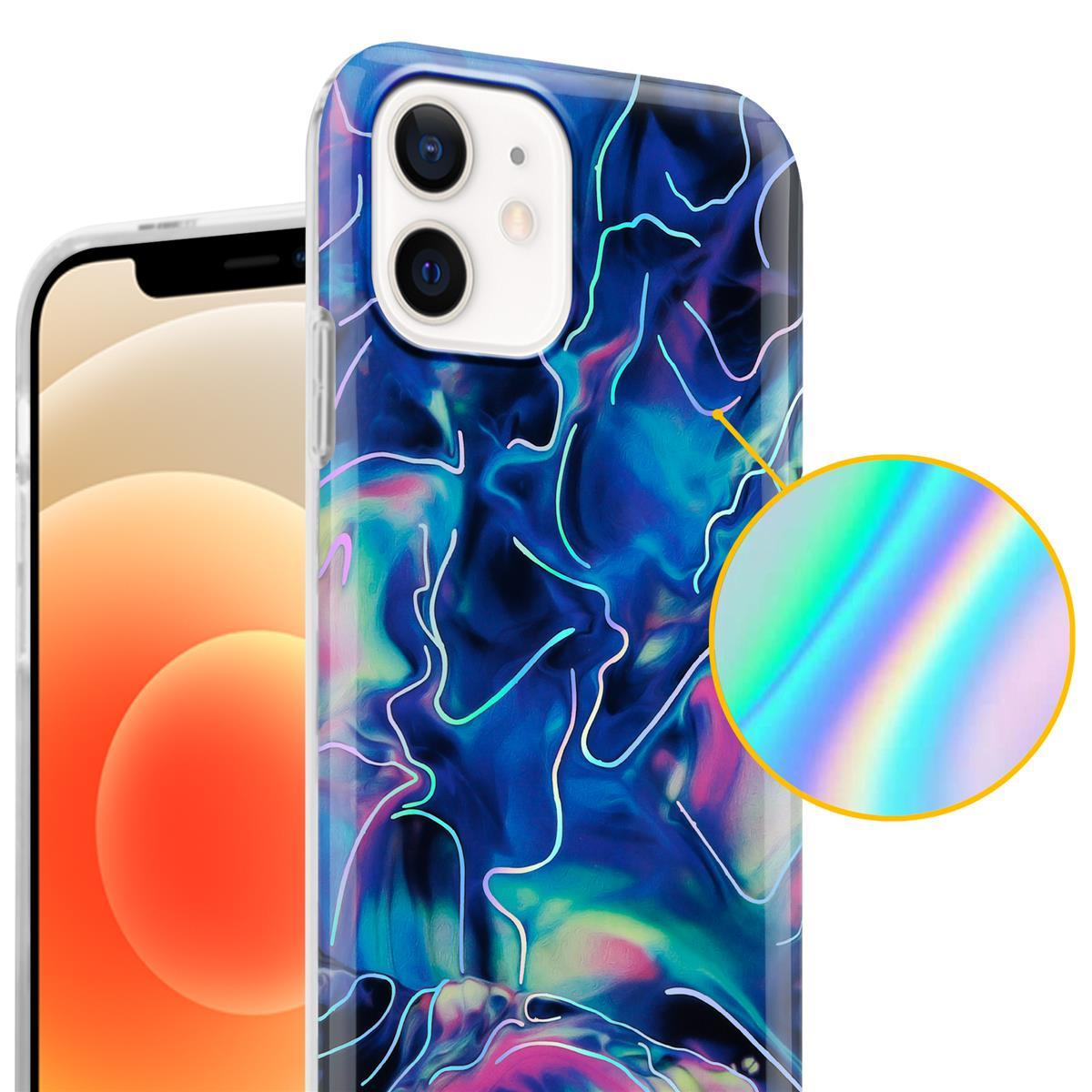 Primo piano di una custodia per telefono con un design astratto colorato. Un telefono accanto mostra il design.