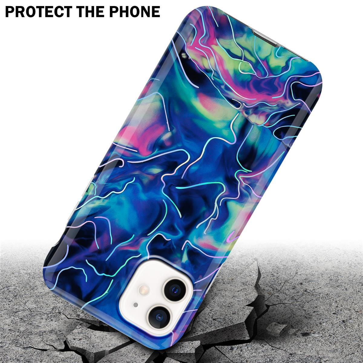 Custodia per telefono con design colorato, con telefono, su superficie crepata.