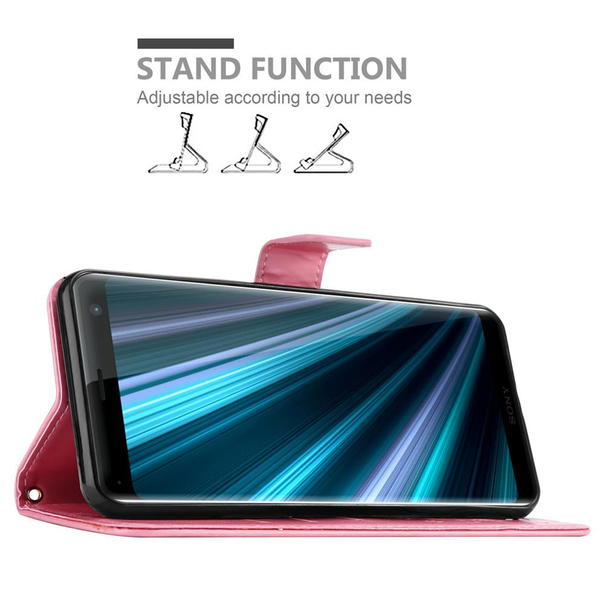 Custodia rosa con telefono all'interno, aperta per rivelare lo schermo. Testo: Funzione supporto.