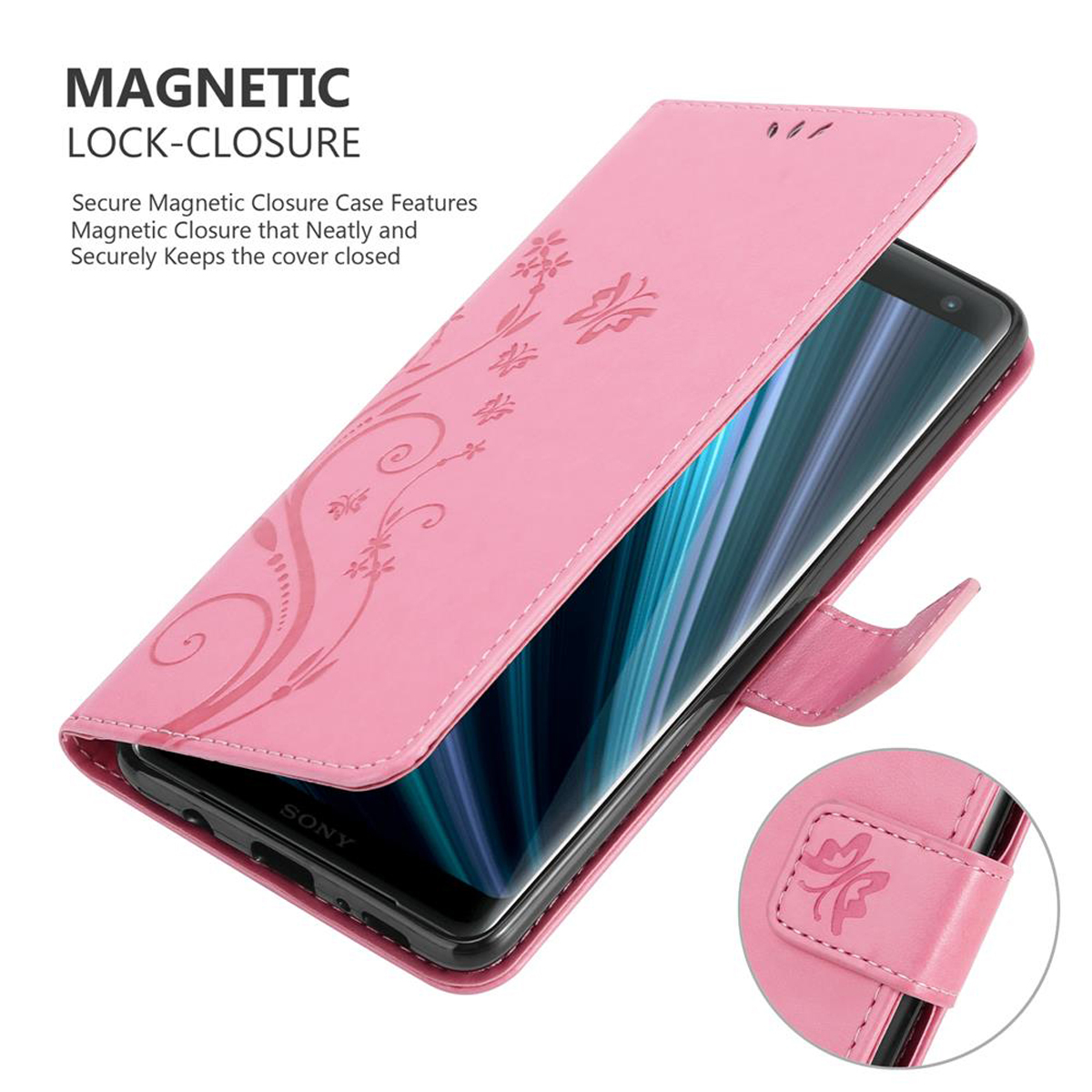Custodia rosa per telefono, aperta, con telefono dentro. Chiusura magnetica. Design floreale.