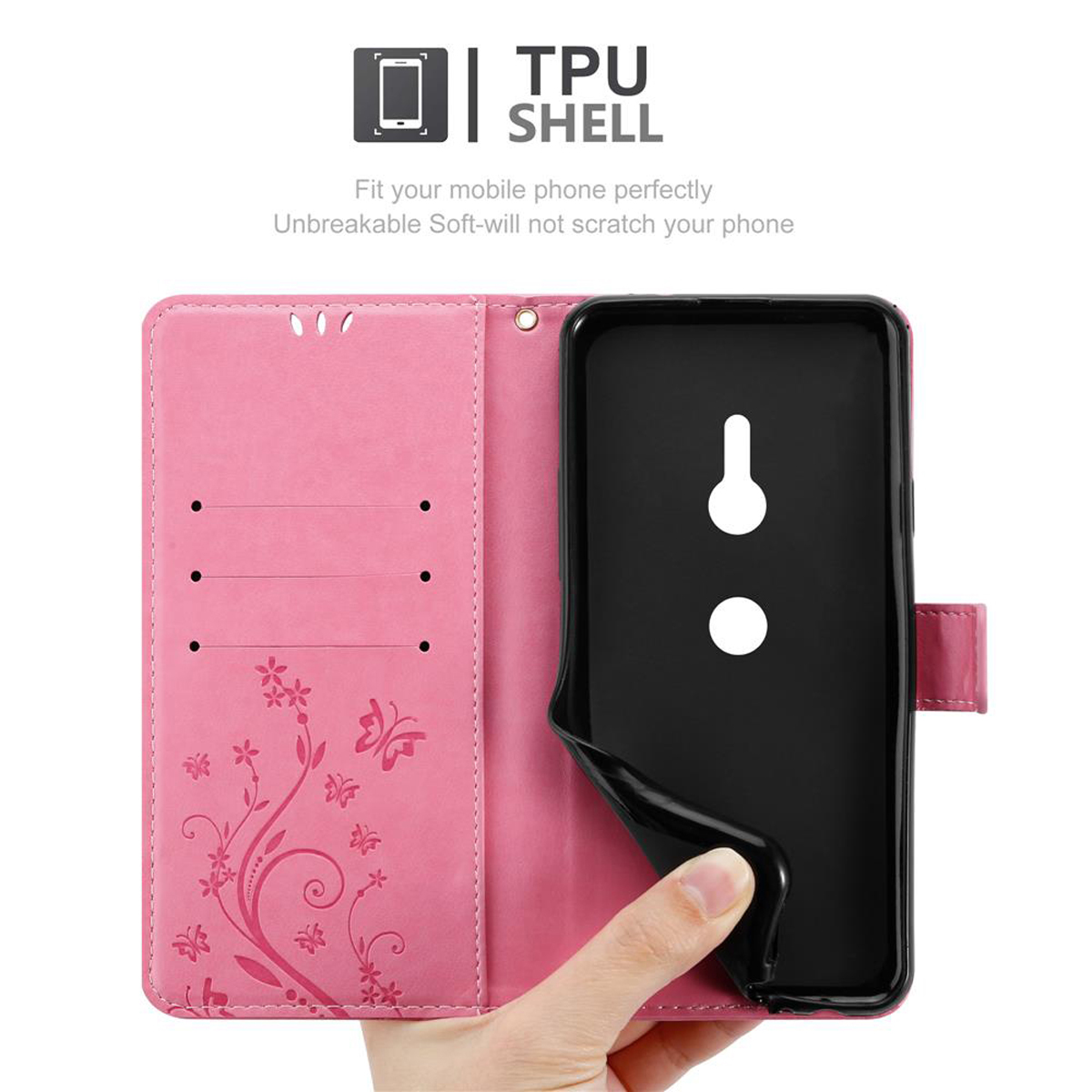 Custodia rosa, aperta, che rivela un guscio del telefono con una mano che lo tiene.
