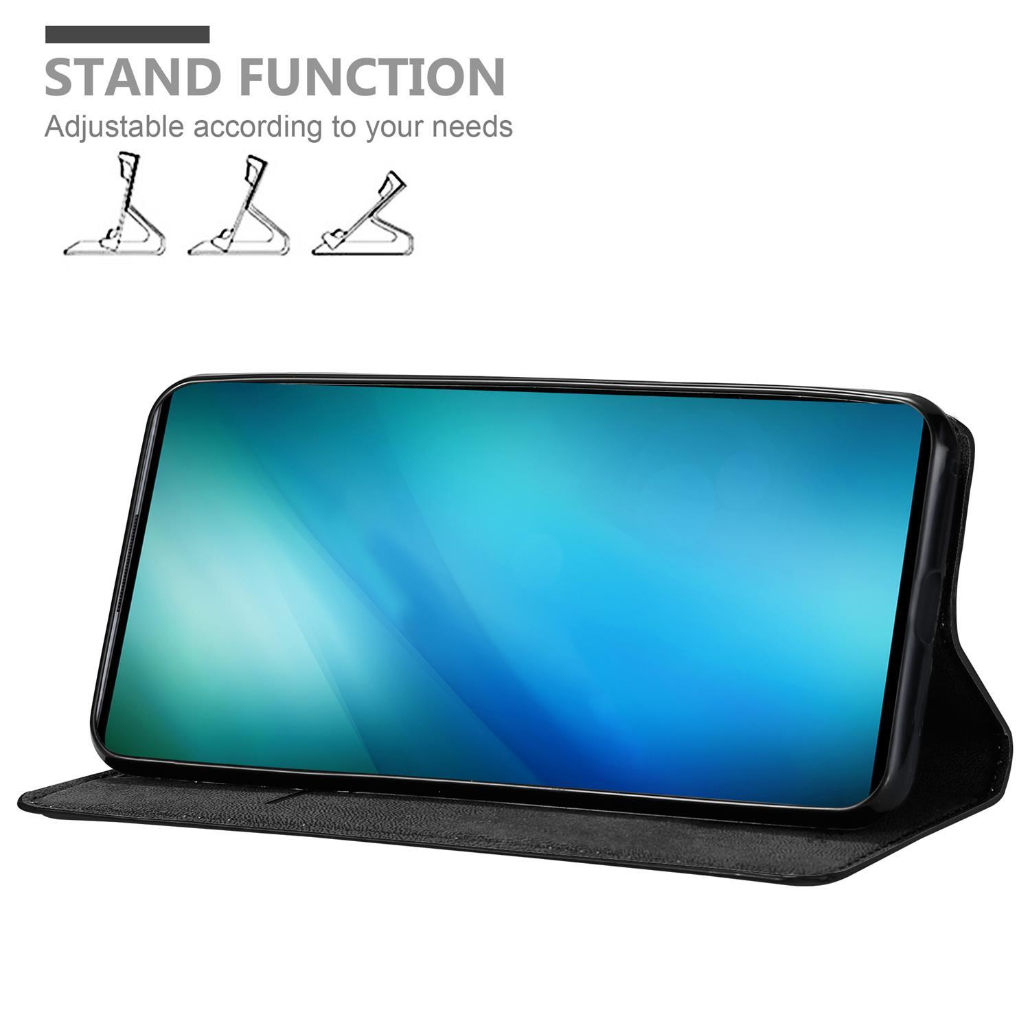 Custodia con telefono dentro. Lo schermo mostra il colore blu. Illustrazione della funzione supporto in alto.