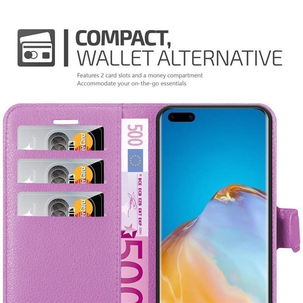 Custodia per telefono viola, aperta con carte e denaro all'interno. Schermo del telefono visibile.