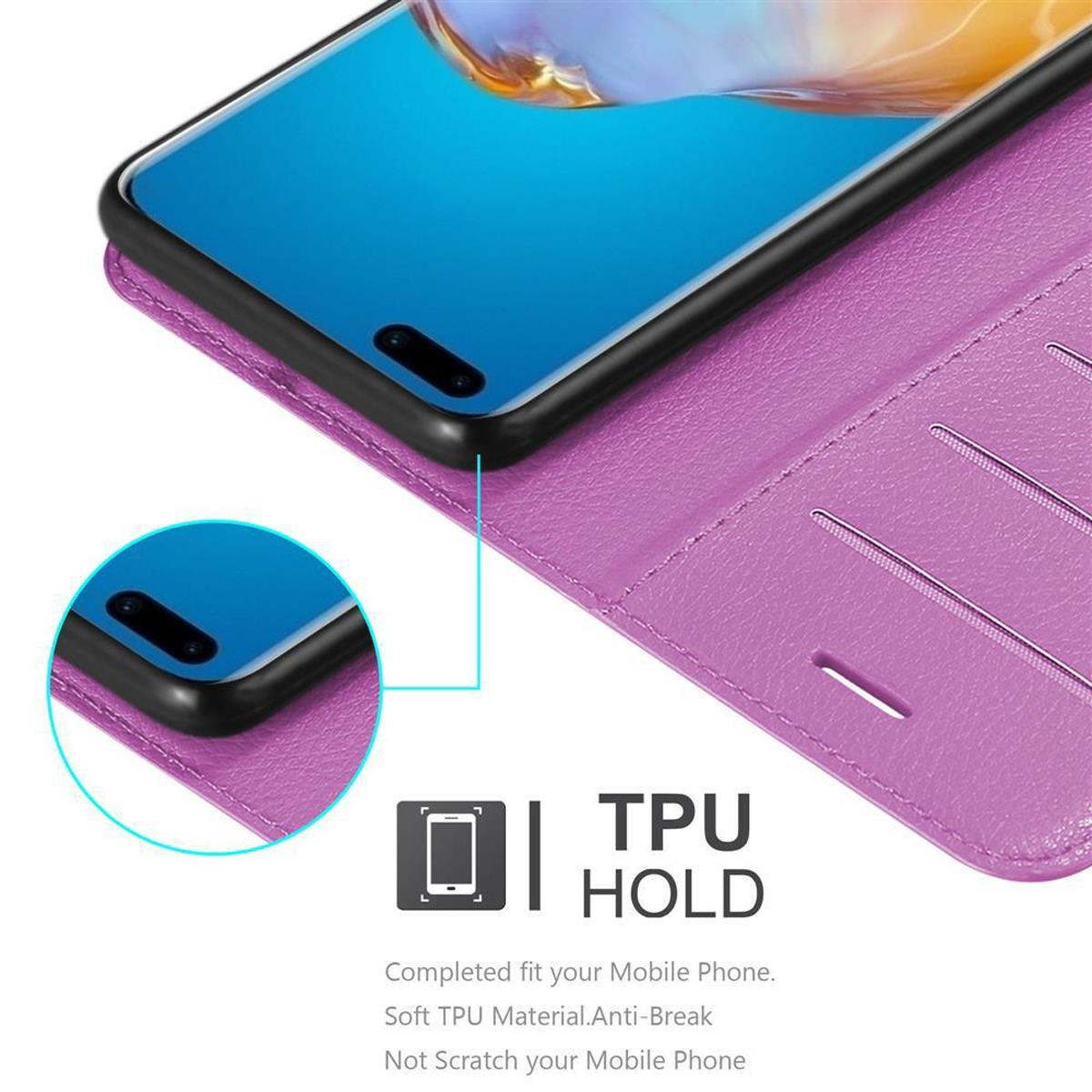 Custodia per telefono viola, aperta. Un telefono con schermo blu è all'interno. Testo: TPU HOLD.