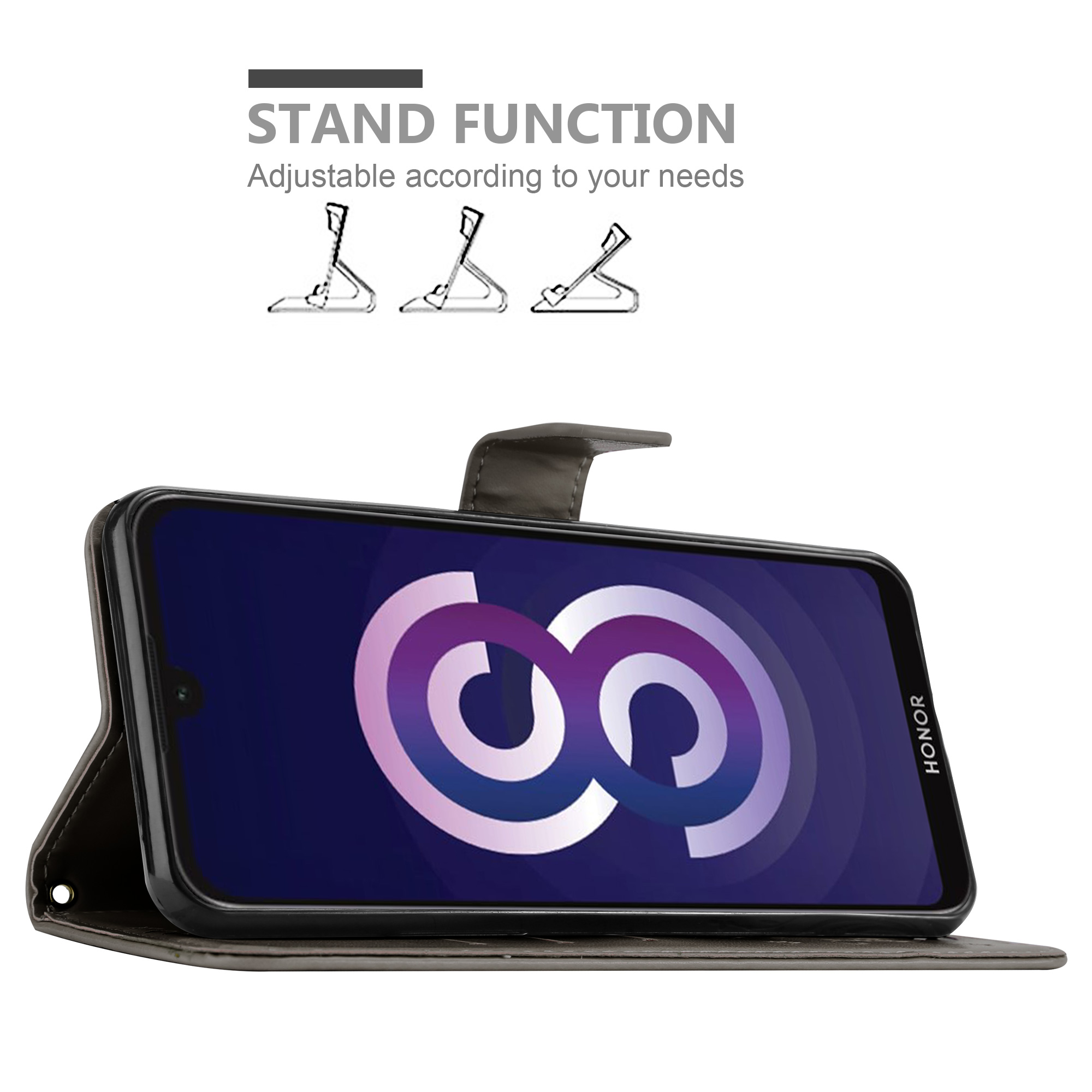 Custodia per telefono con telefono dentro, schermo con logo, custodia aperta. Funzione stand.