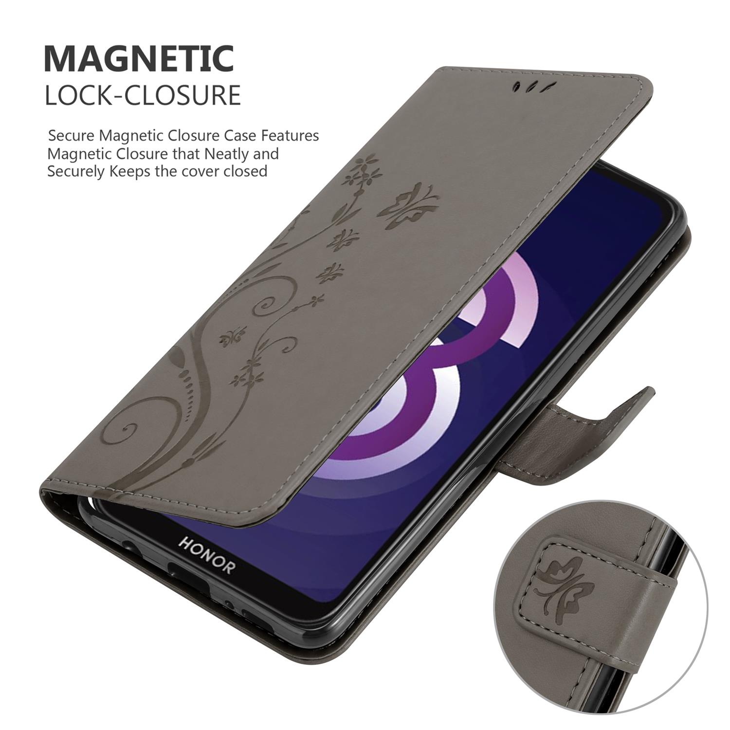 Custodia per telefono grigia con design floreale. Telefono all'interno. Chiusura magnetica, i dettagli della chiusura sono mostrati.