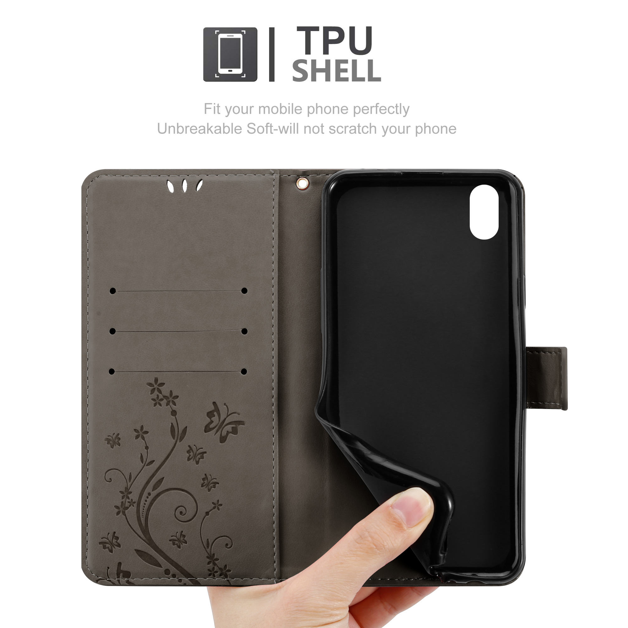 Custodia del telefono aperta. All'interno ha uno slot per carte di credito e testo guscio in TPU. Mano che tiene la custodia.