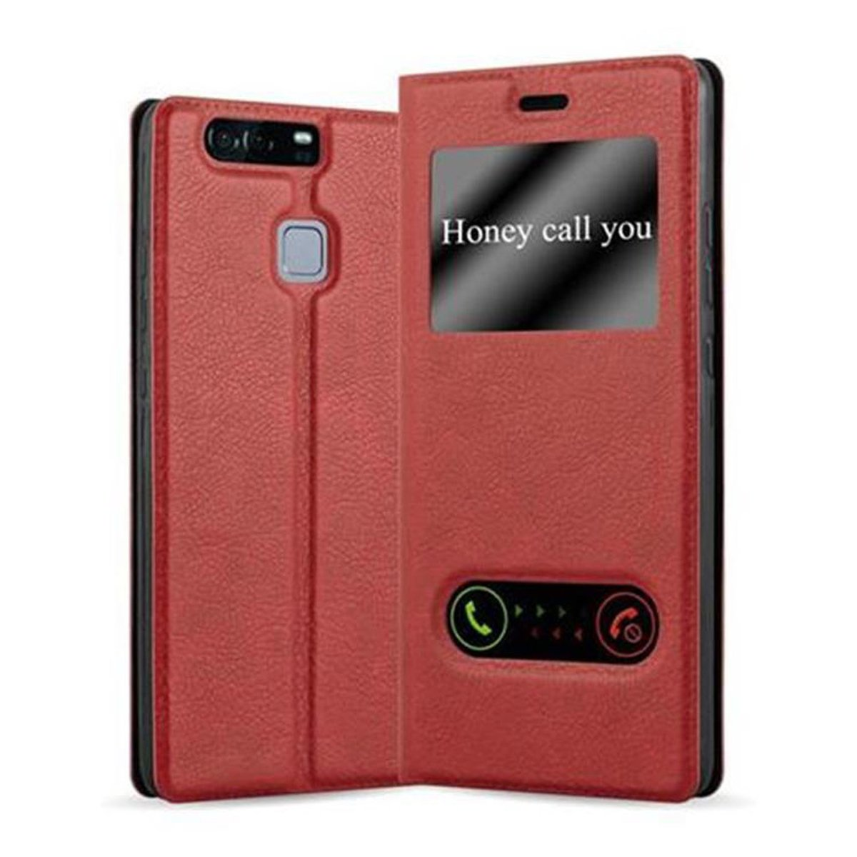 Rote Handyhülle mit einem Bildschirm, auf dem steht "Honey call you". Der Koffer hat ein Telefonsymbol.