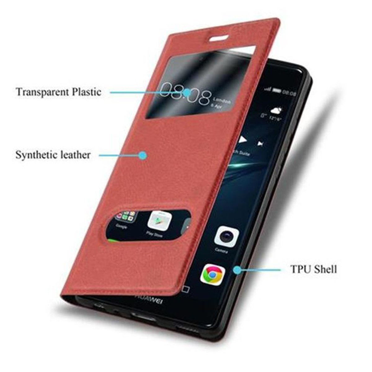 Eine rote Handyhülle mit einem Bildschirmfenster, das ein schwarzes Telefon zeigt.