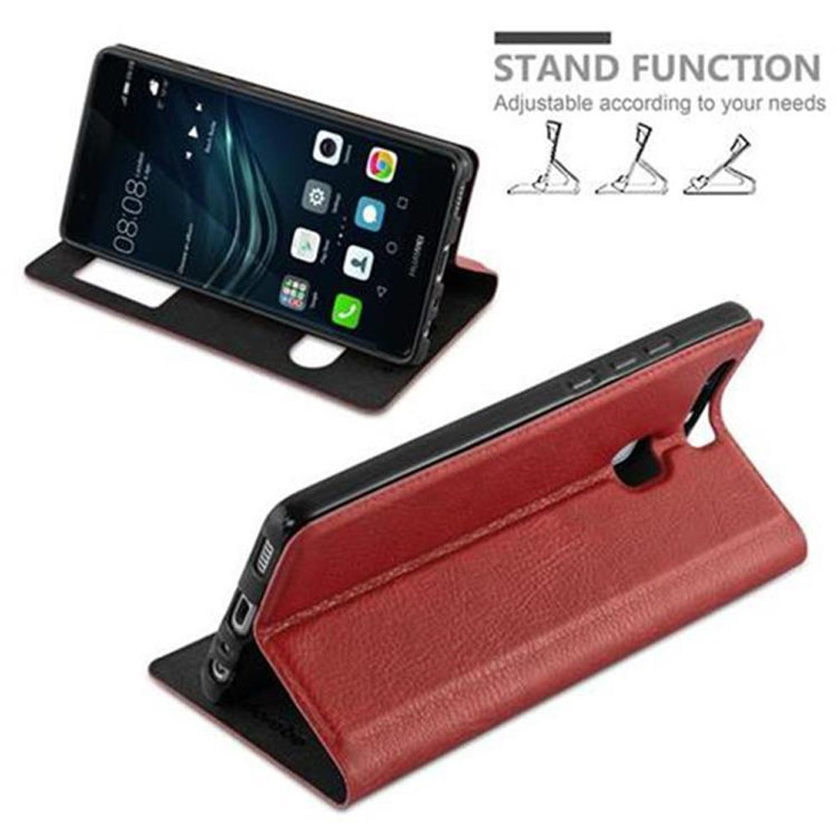 Eine rote Handyhülle mit einem Telefon im Inneren, offen, um den Bildschirm anzuzeigen.