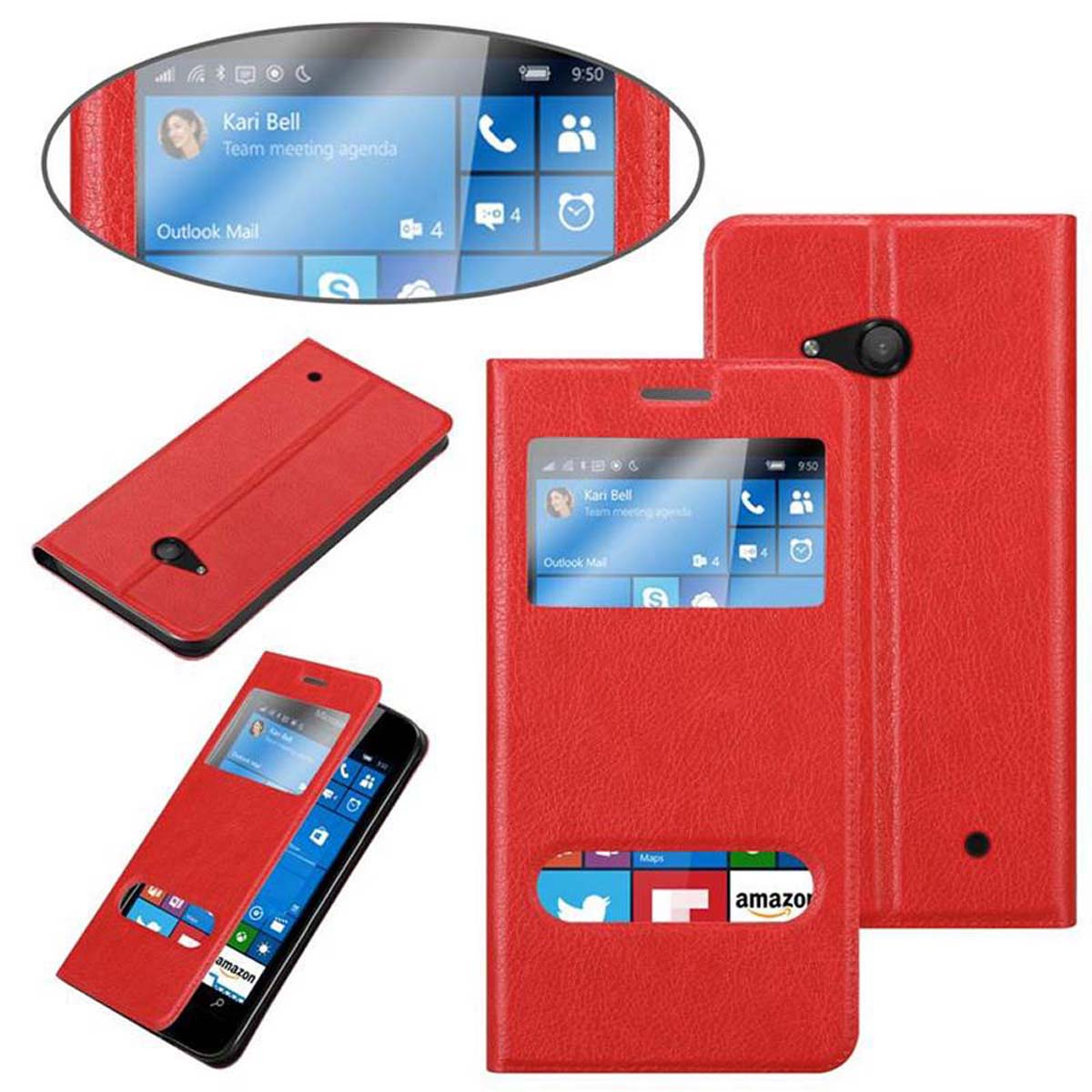 Custodia per telefono rossa con telefono all'interno, varie viste. Design finestrato, con logo Amazon.