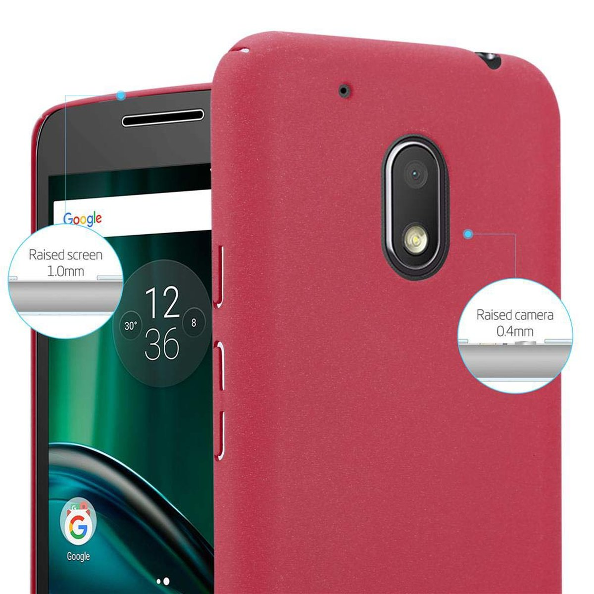 Custodia rossa con un telefono che mostra la ricerca Google. Dettagli di schermo e fotocamera rialzati.