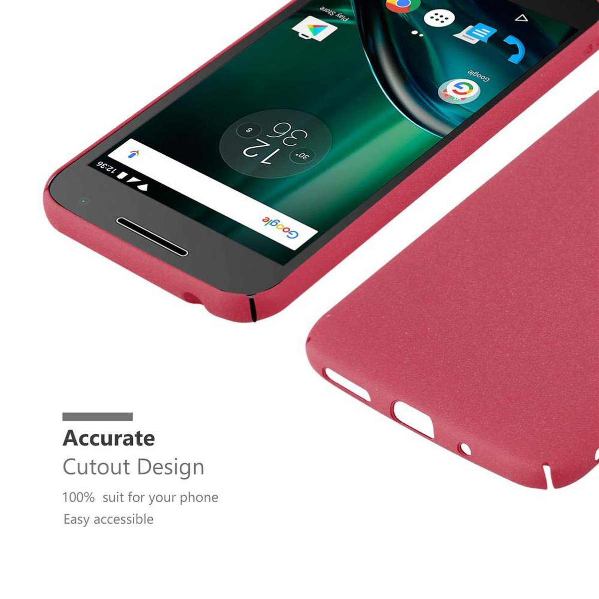 Uno smartphone e una custodia rossa per telefono sono sul tavolo. Lo schermo del telefono mostra l'ora.