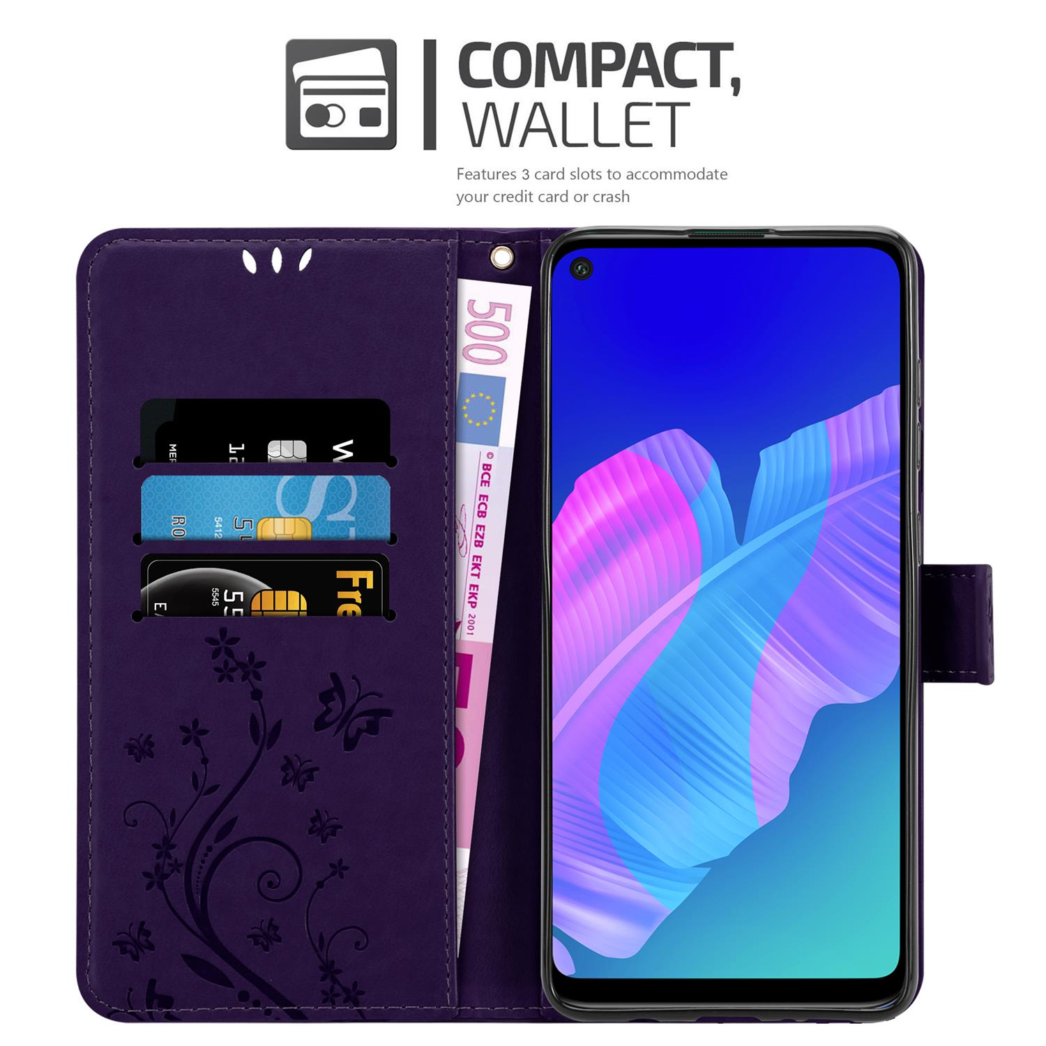 Custodia per telefono viola con telefono, carte di credito e denaro. Design floreale.