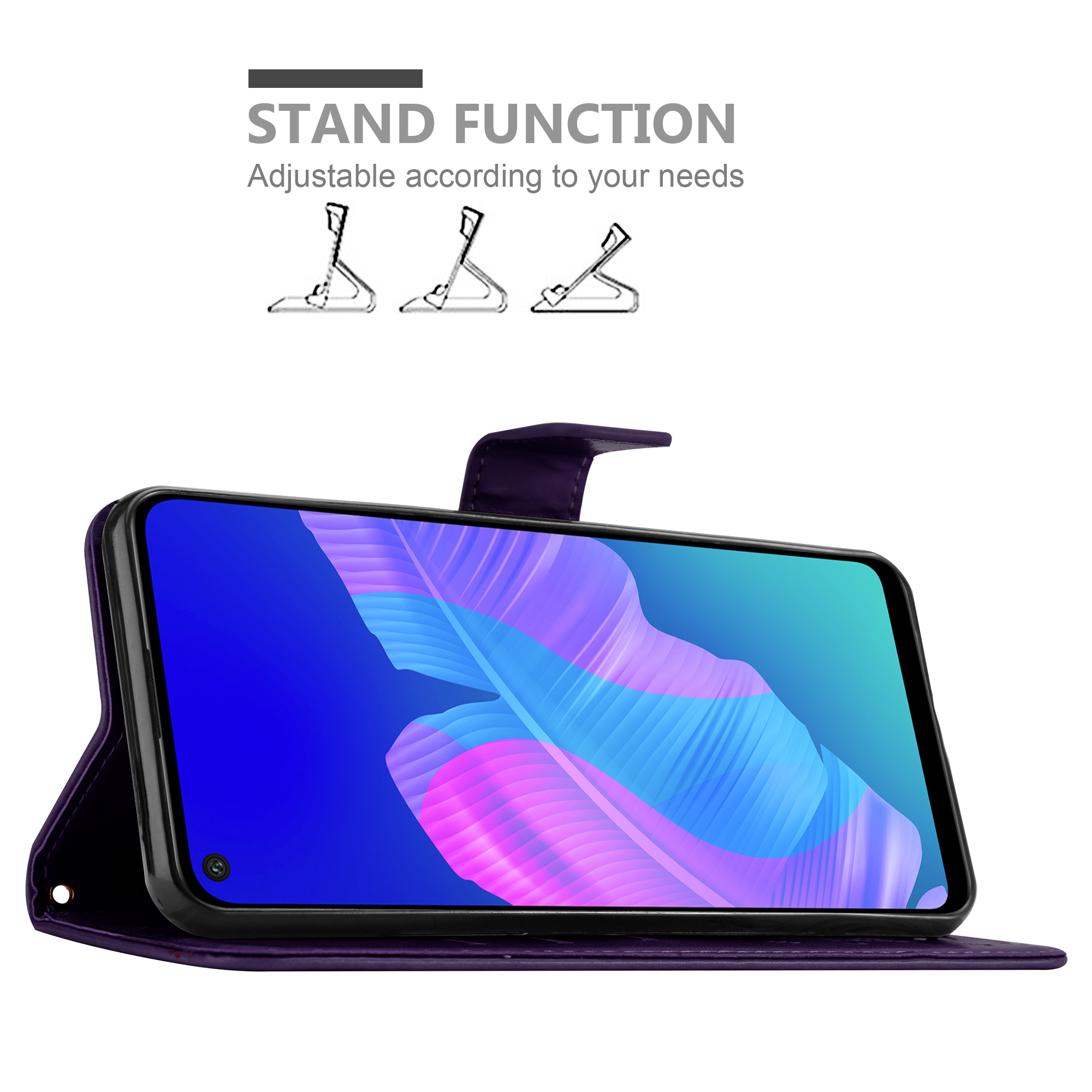 Telefono in custodia viola, schermo che mostra uno sfondo blu e viola.