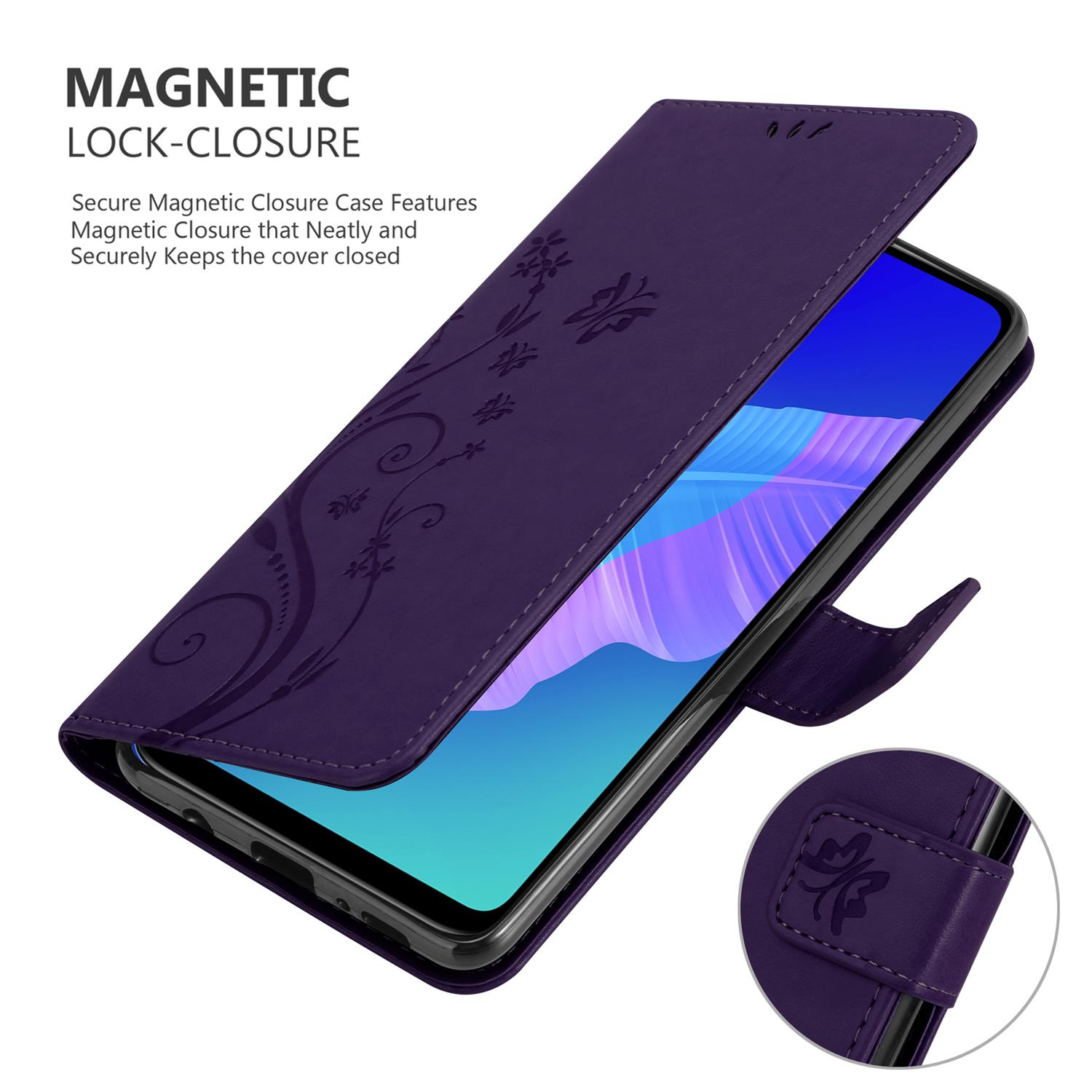 Custodia viola con design floreale. Testo: 'MAGNETIC LOCK-CLOSURE'. Un telefono è dentro.