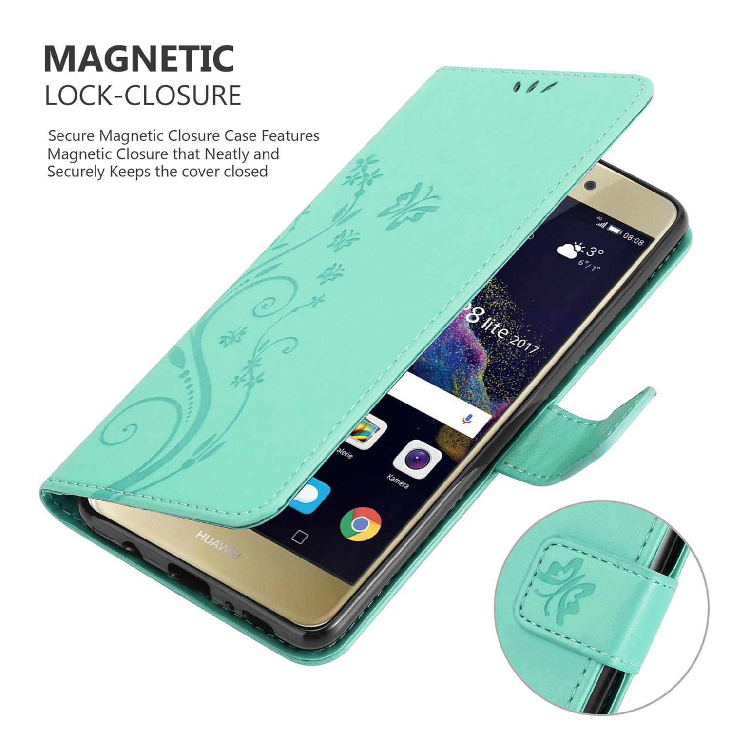 Custodia verde acqua con schermo del telefono. Viene mostrata la chiusura magnetica.