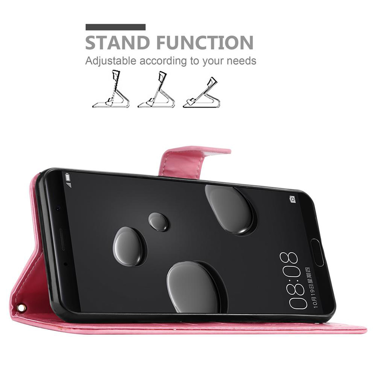 Custodia rosa per telefono che supporta il telefono. Il telefono mostra l'ora. Funzione supporto.