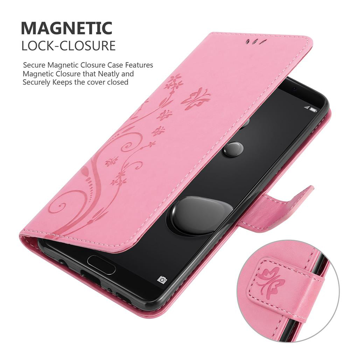 Custodia rosa con telefono. Testo: 'MAGNETIC LOCK-CLOSURE'.