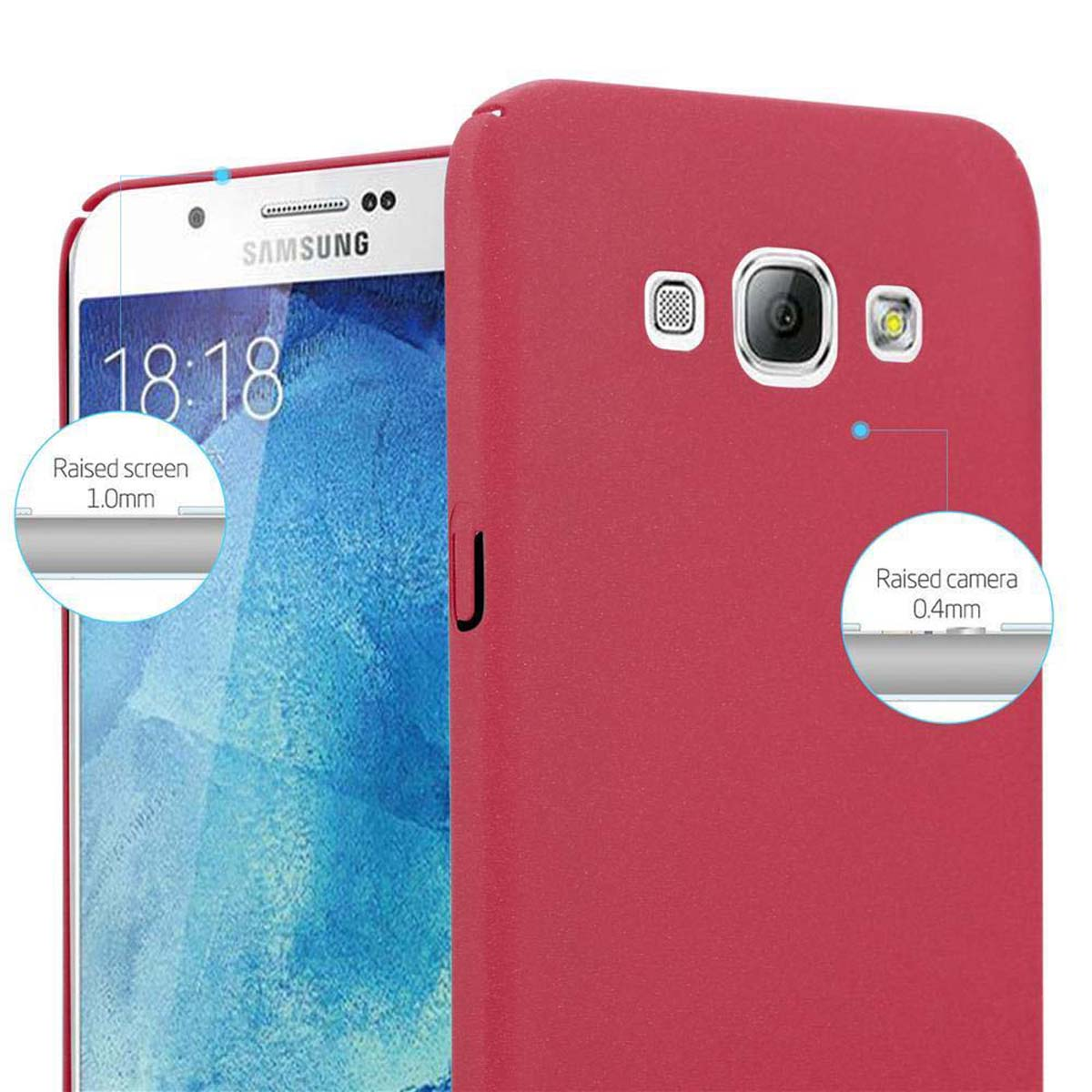 Custodia rossa per telefono con telefono all'interno, che mostra lo schermo con l'ora e la fotocamera.
