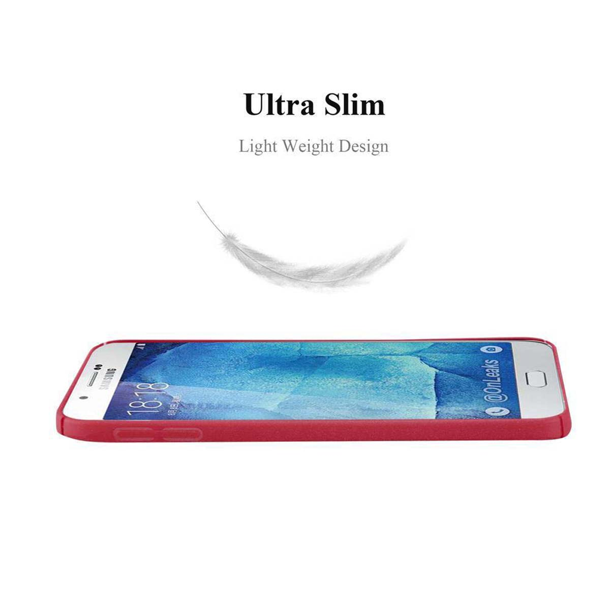 Telefono rosso su superficie bianca, con piuma. Viene evidenziato il design ultrasottile.