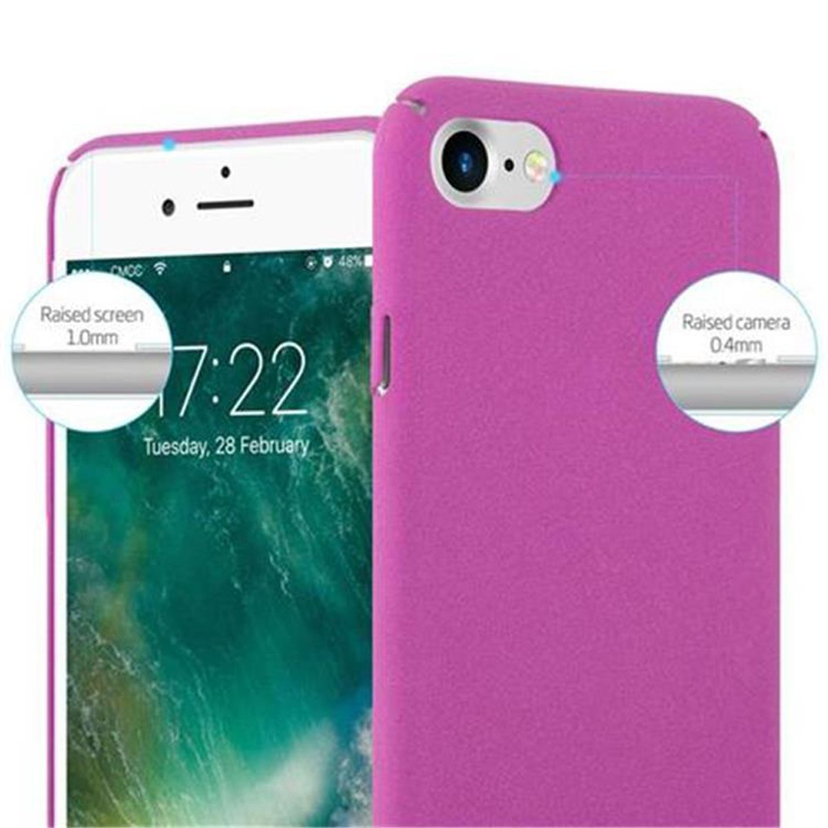 Custodia per telefono rosa. Mostra un telefono con schermo bianco. Viene mostrato il design della fotocamera rialzata.
