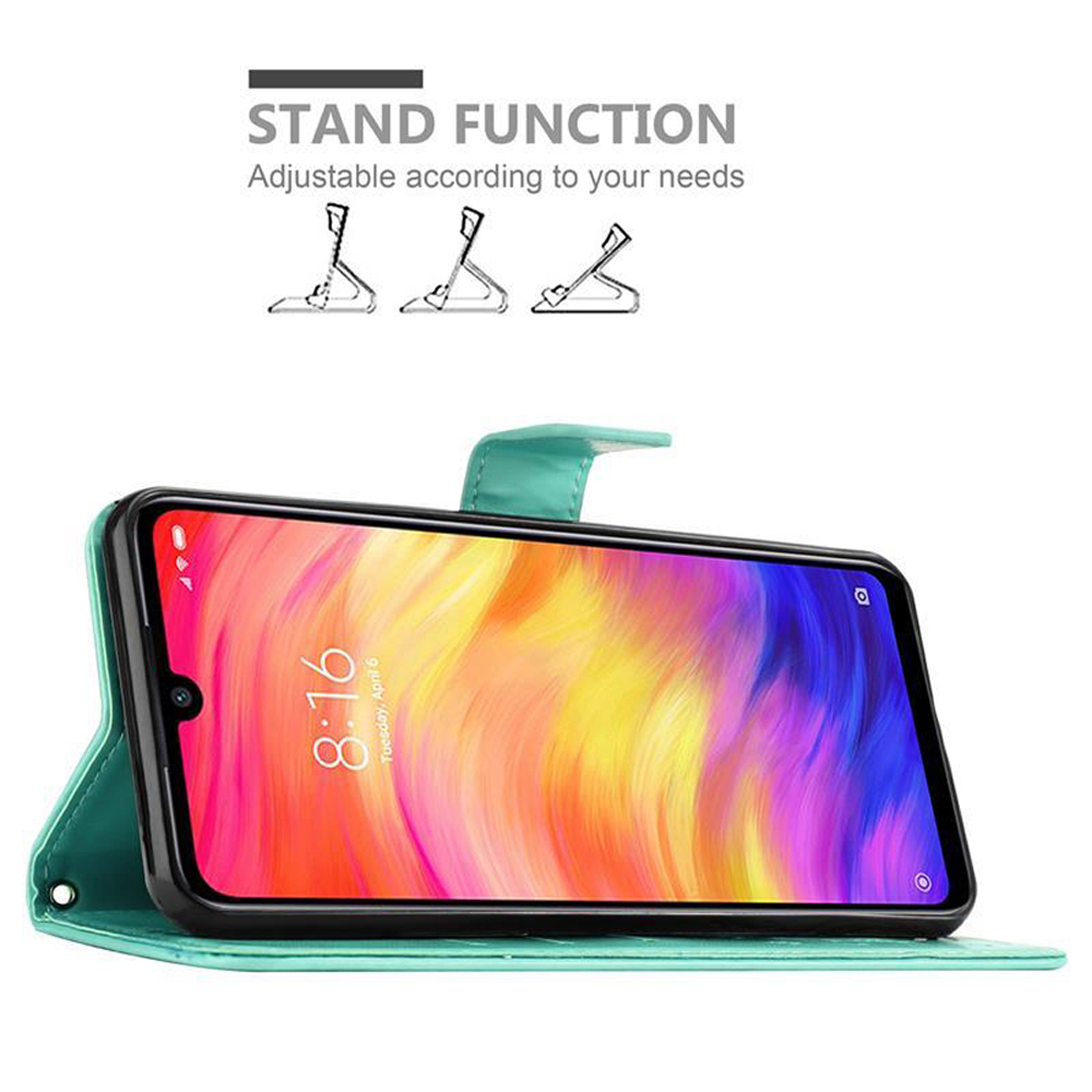 Custodia turchese con telefono e funzione stand.
