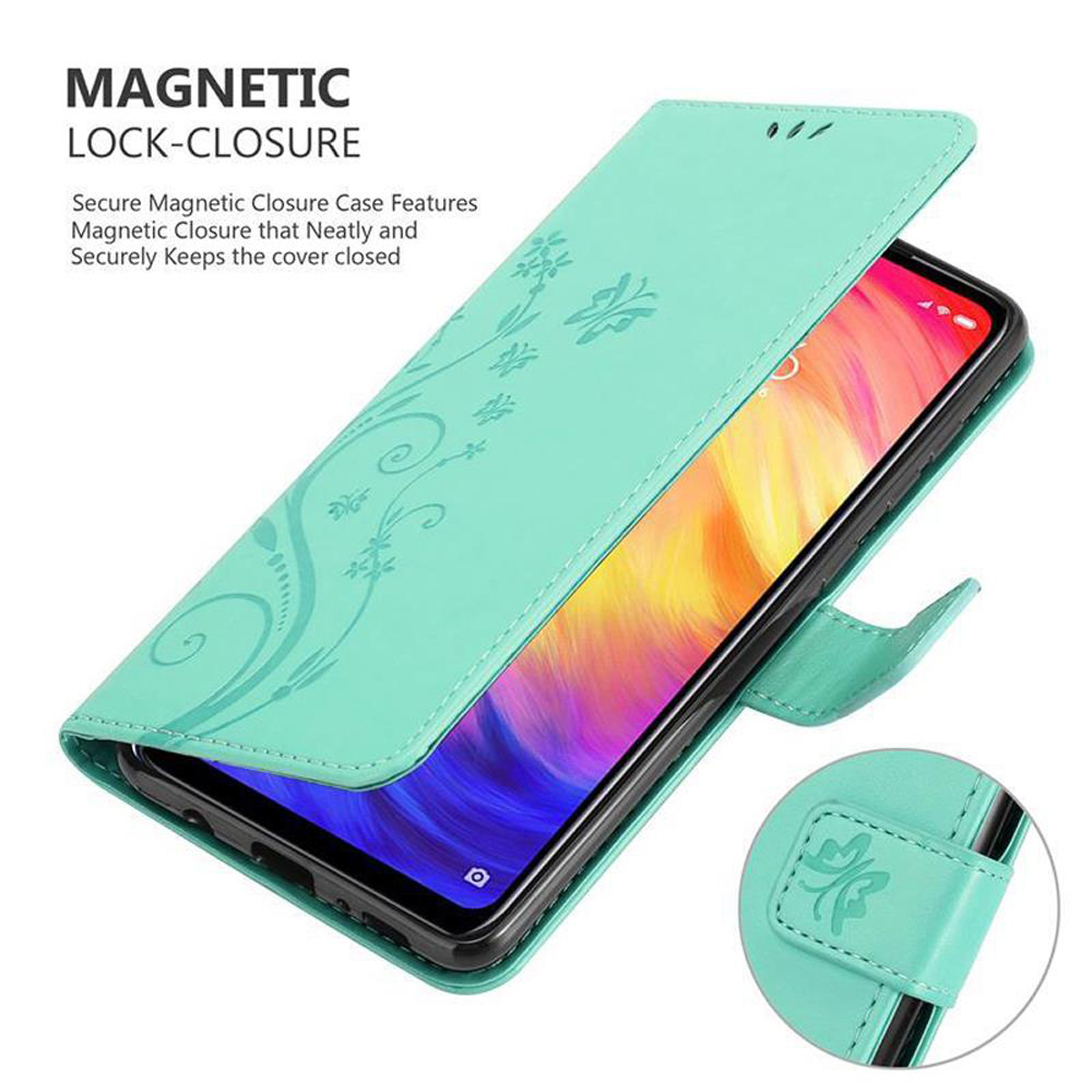 Custodia verde menta, aperta, con un telefono all'interno. Design floreale e testo di chiusura magnetica.