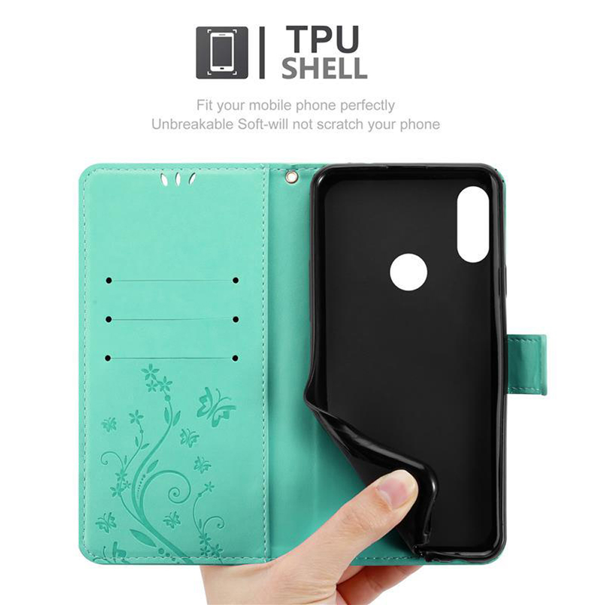 Una custodia per telefono color teal aperta con un supporto per telefono nero. Una mano tiene la custodia.
