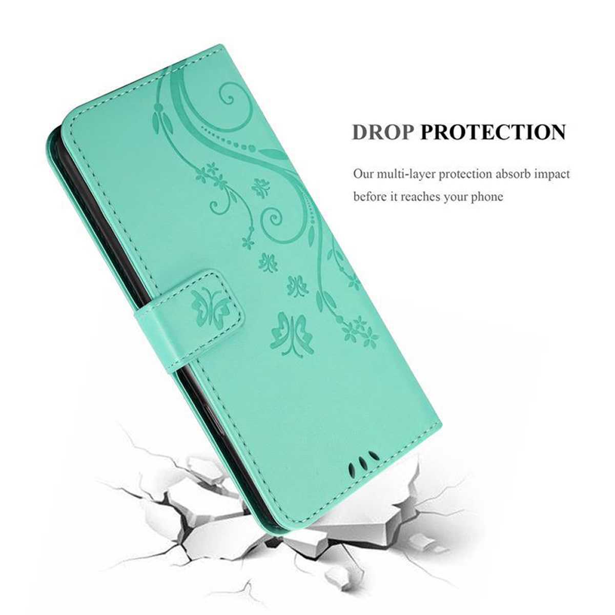 Una custodia per telefono verde chiaro con un motivo floreale decorativo. La custodia è mostrata su una superficie bianca.