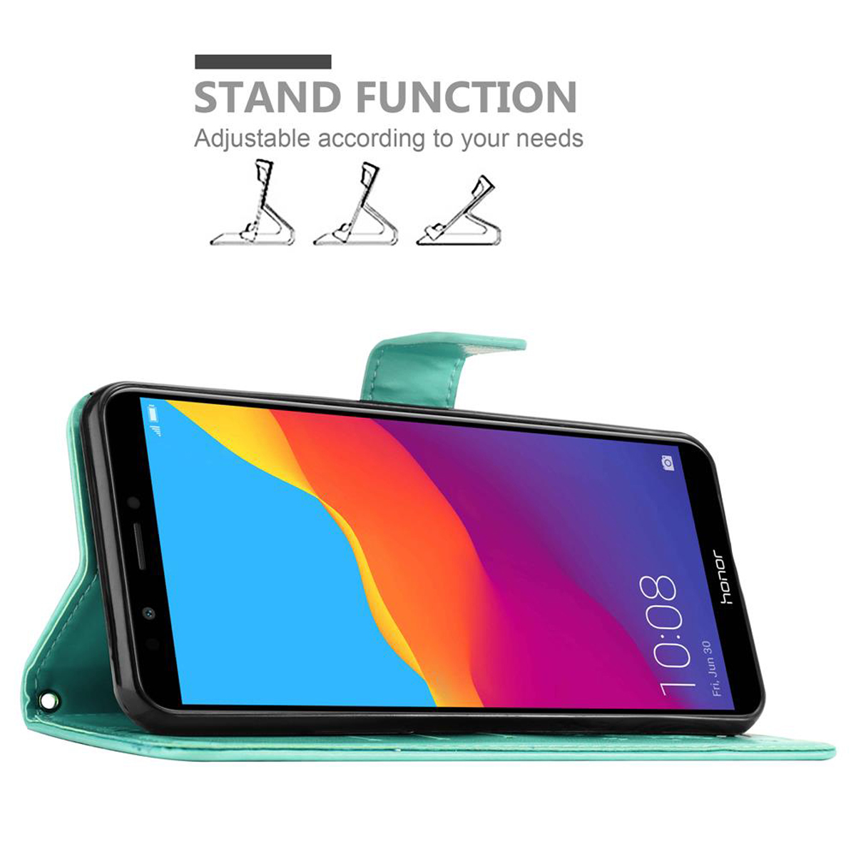 Smartphone in una custodia turchese è aperto, mostrando lo schermo. Grafica della funzione stand.